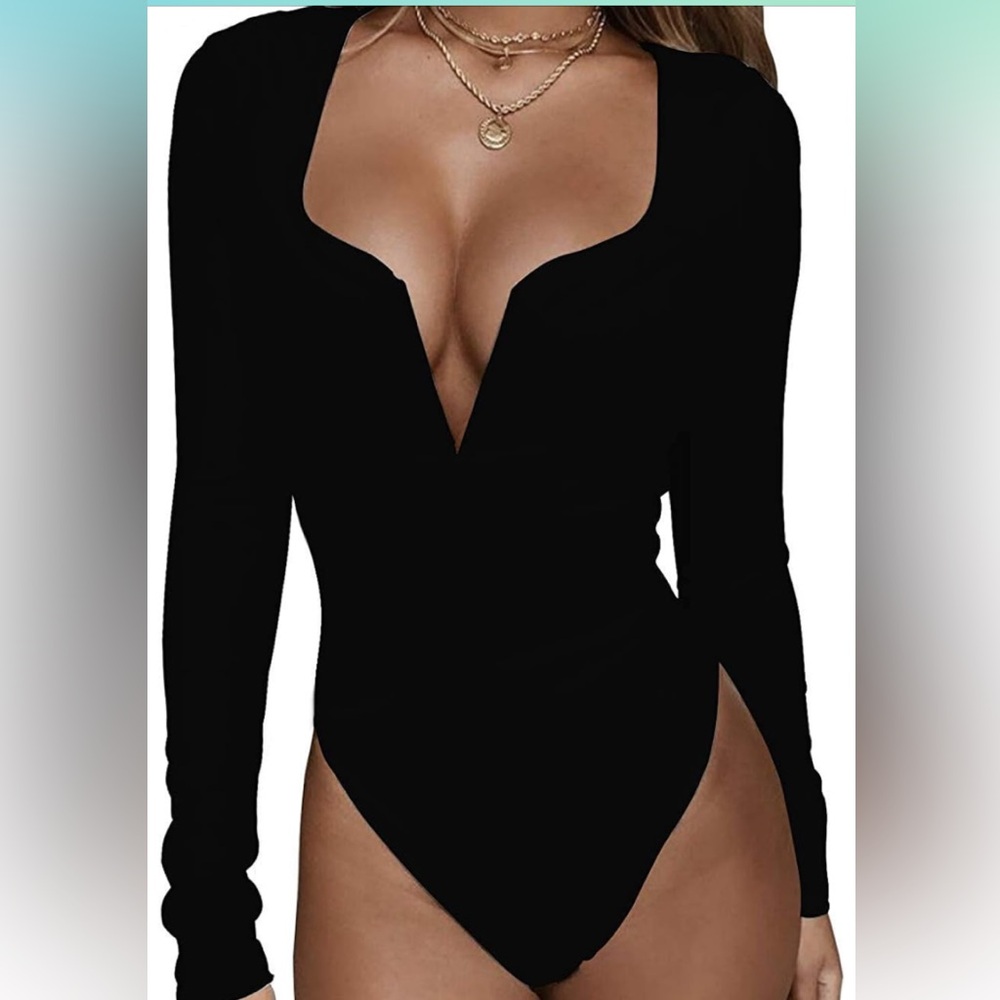 Black long sleeve deep v bodysuit